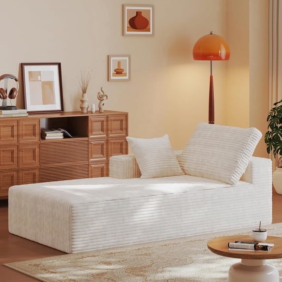Flannel Fabric Chaise Lounge, No Assembly Required and Space Saving, White
