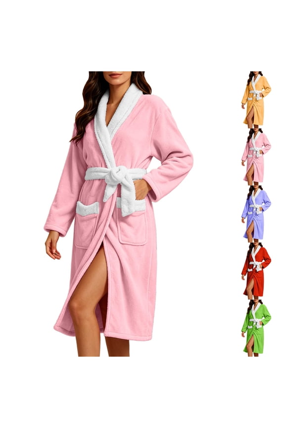 Flannel Fleece Bathrobe For Women, Long Sleeve Lounge Belted Midi Robe, Fall & Winter Casual Shower Spa Robes With Pockets