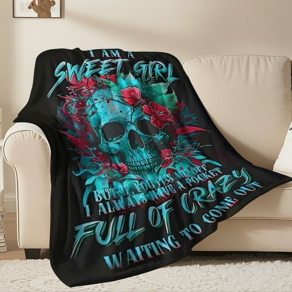 Flannel Fleece Bed Blanket Throw Blanket Lightweight Cozy Plush Blanket for Sofa Couch, Black & Blue Skull 30"X40"