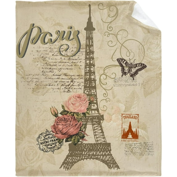 Flannel Fleece Bed Blanket Vintage Butterfly Paris Eiffel Tower Throw Blanket Lightweight Cozy for Bedroom All Season Sofa Decor Gift 50x60