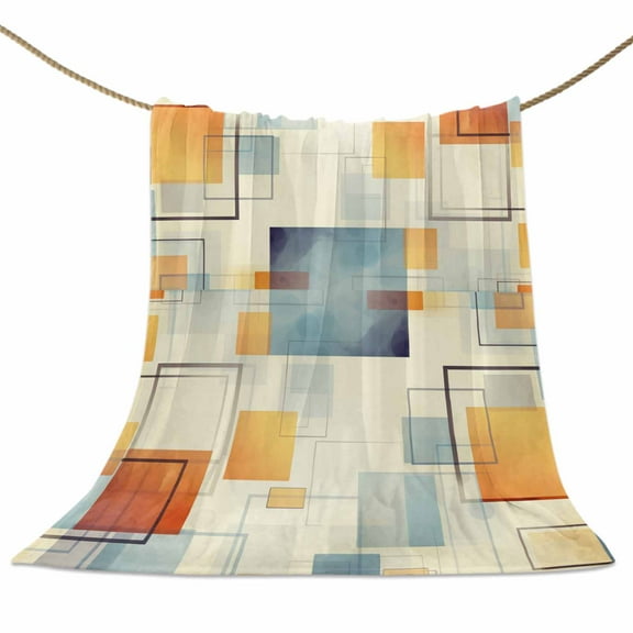 Flannel Fleece Blanket Abstract Geometric Vintage Super Soft Warm Cozy Throw Blanket Blue Orange Squared Lines Bed Couch Car Blankets for All Season 40" x 50"