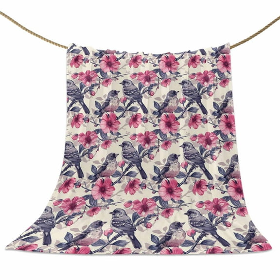 Flannel Fleece Blanket Flower Floral Branch Super Soft Warm Cozy Throw Blanket Bird Branch Leaves Bed Couch Car Blankets for All Season 40" x 50"