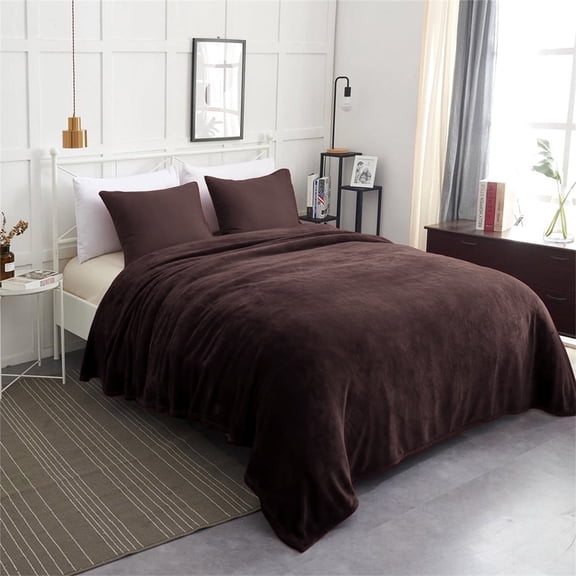Flannel Fleece Blanket Lightweight Cozy Plush Solid Bed Blanket,Queen 79"x81" Brown