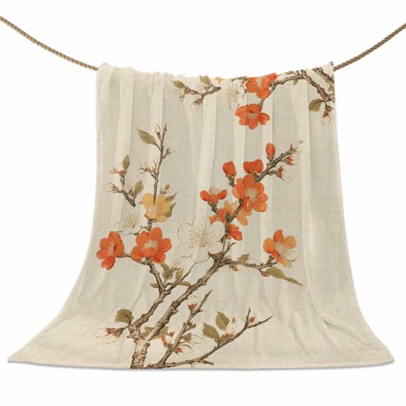 Flannel Fleece Blanket Plum Flower Super Soft Warm Cozy Throw Blanket Floral Leaves Branch Bed Couch Car Blankets for All Season 40" x 50"