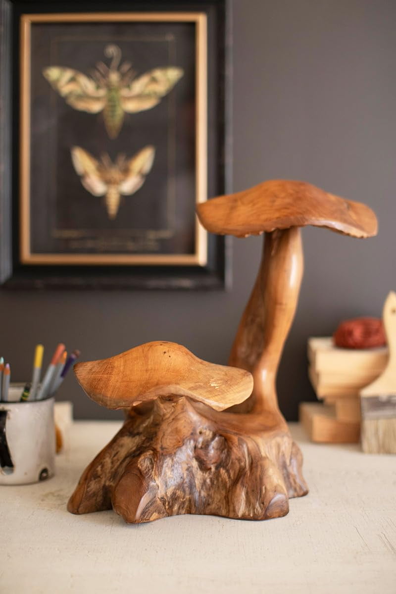 Handcrafted Teak Double Mushroom Brown Sculpture