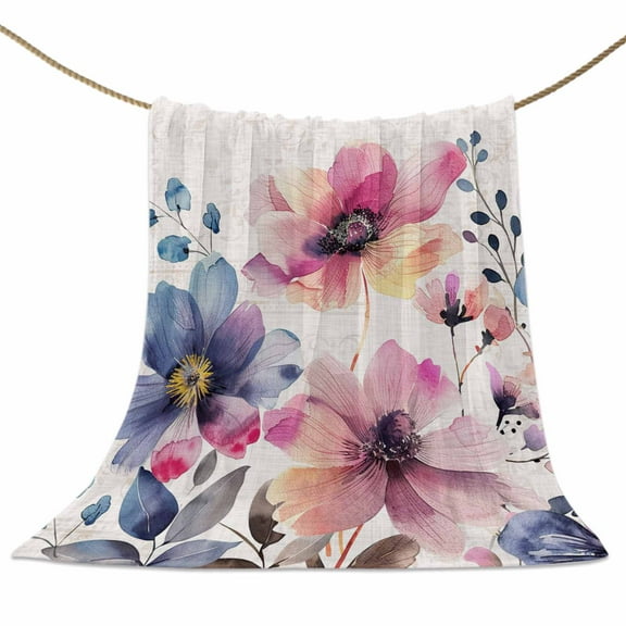 Flannel Fleece Blanket Wildflowers Super Soft Warm Cozy Throw Blanket Pink Floral Plant Rustic Bed Couch Car Blankets for All Season 40" x 50"