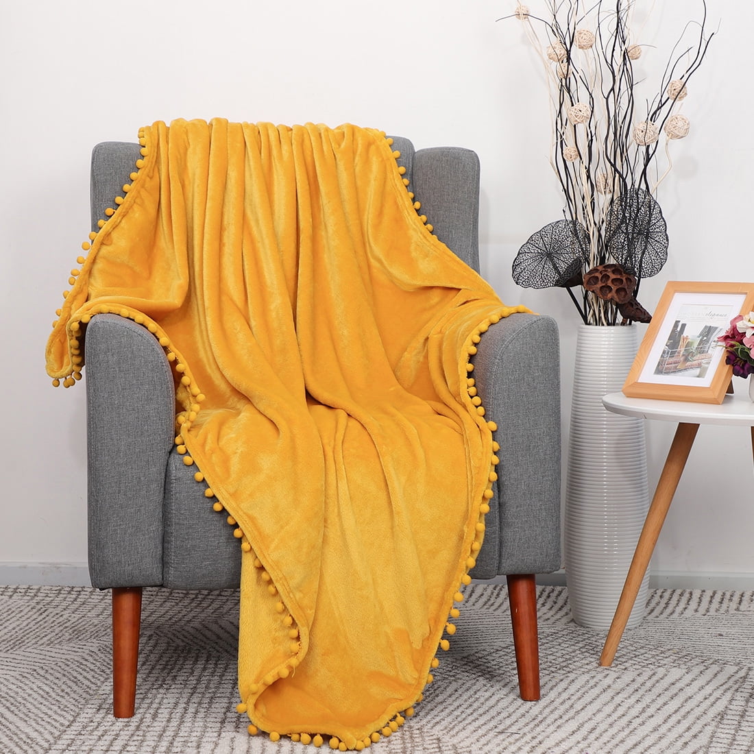 Flannel Fleece Blanket With Pompom Fringe Solid Microfiber Plush