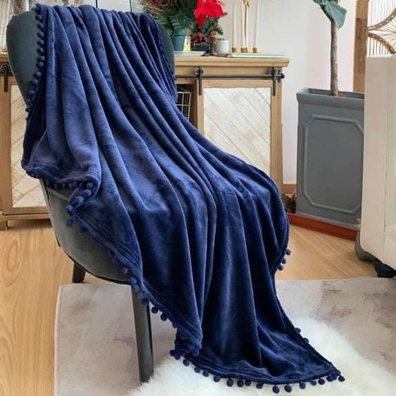 Flannel Fleece Blankets Soft Bed Blanket with Pompom Fringe Lightweight Plush Throw Blanket Fit Bed Couch Sofa(90"x 90")(Dark Blue)