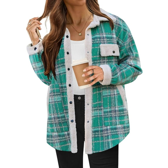 Flannel Fleece Jacket Women Casual Plaid Shacket Button Down Jacket Warm Fuzzy Sherpa Lined Jacket Fall Winter Coat
