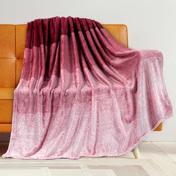 Flannel Fleece Ombre Throw Blanket for Couch | Soft Cozy Microfiber Couch Gradient Accent Blanket | Warm Lightweight Blanket for Sofa Chair Bed | All Season 50x60 Inches Wine Red