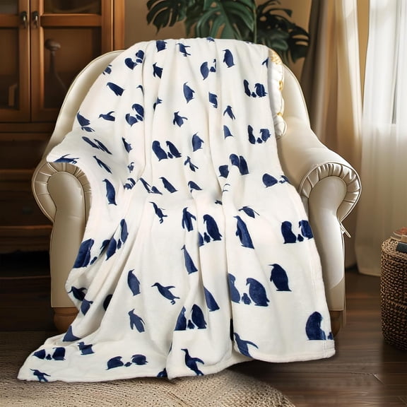 Flannel Fleece Penguin Blanket, Cute & Soft for Bed, Sofa, Travel & Camping, 260GSM (Navy, 50"x60")