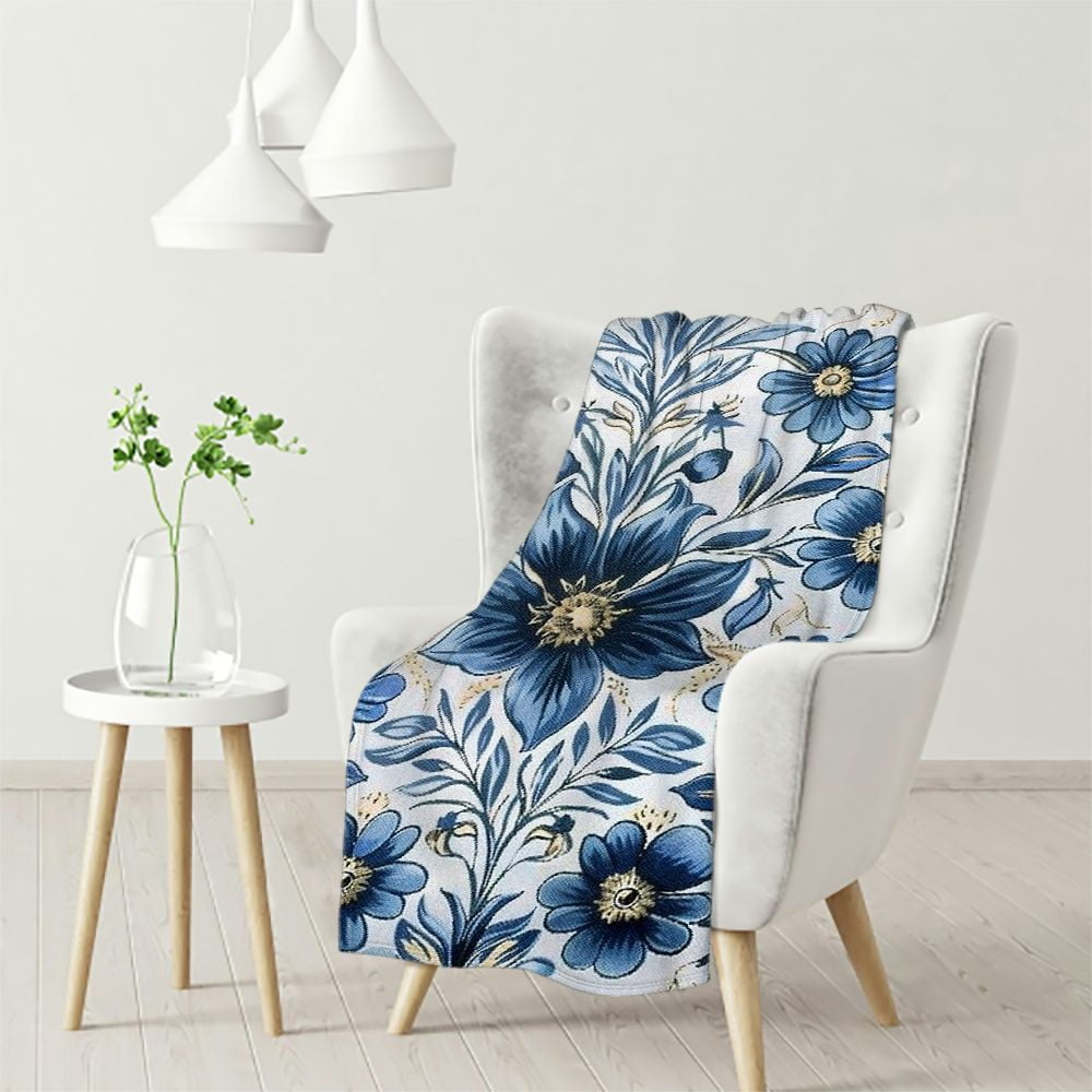 Flannel Fleece Plush Throw Blanket Blue Floral Throws Super Soft Fuzzy