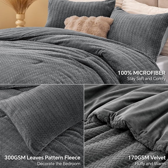 Flannel Fleece Queen Comforter Set - Furry Grey Leaves Pattern Faux Fur Bed Set, Winter Ultra Soft Fuzzy Comfort Set, Velvet Bedding Set for Bed with 2 Pillow Cases