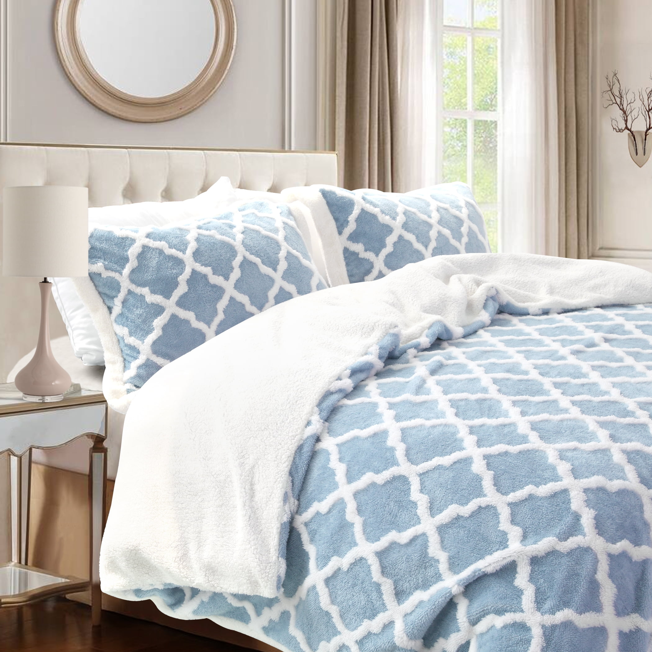 Free Shipping! Flannel Fleece Sherpa Quilt Cover Set and Blanket Queen