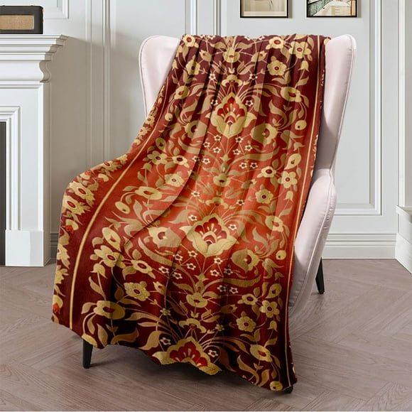 Flannel Fleece Throw Blanket 40" x 50" Tile Border Ornate Red Tulip Floral Turkish Traditional Bouquet Eastern Oriental Indian Morocco Blanket Winter Plush Fluffy Bed Blanket for Sofa Couch Bed