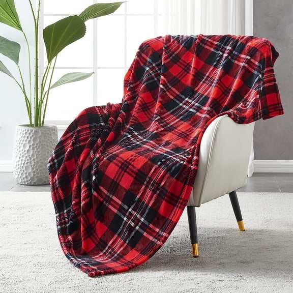 Flannel Fleece Throw Blanket 60 x 80 Inches, All Season Plaid Red/Grey Blanket for Bed, Couch, Car