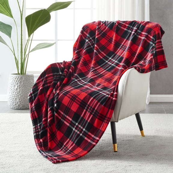 Flannel Fleece Throw Blanket 63 x 85 Inches, All Season Plaid Red/Grey Blanket for Bed, Couch, Car