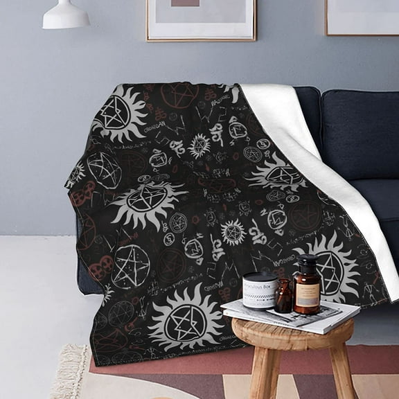 Flannel Fleece Throw Blanket 80"X60" Supernatural Symbols Black Print Warm Cozy Lightweight Sherpa Throw Blanke for Sofa Chair Bed Camping Microfiber Suitable All Season Novelty Gift
