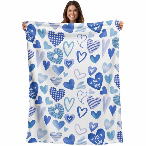 Flannel Fleece Throw Blanket Abstract Blue Love Heart Lightweight Soft Plush Blankets,Valentine's Day Theme Cozy Warm Throw Blanket for Couch Sofa Bed Car Office 40x50in