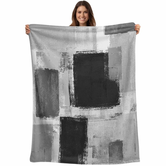 Flannel Fleece Throw Blanket Abstract Color Block Paint Lightweight Soft Plush Blankets,Black Gray Patchwork Cozy Warm Throw Blanket for Couch Sofa Bed Car Office 40x50in
