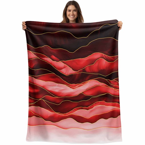 Flannel Fleece Throw Blanket Abstract Geometric Red Watercolor Gradient Lightweight Soft Plush Blankets,Gold Stripes Cozy Warm Throw Blanket for Couch Sofa Bed Car Office All Season Use 40x50in