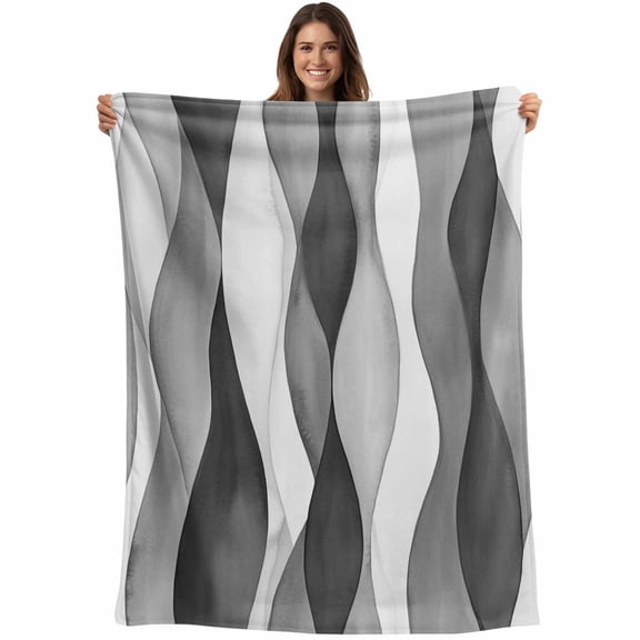 Flannel Fleece Throw Blanket Abstract Grey Black Gradient Stripes Lightweight Soft Plush Blankets,Modern Ripple Striped Cozy Warm Throw Blanket for Couch Sofa Bed Car Office 40x50in