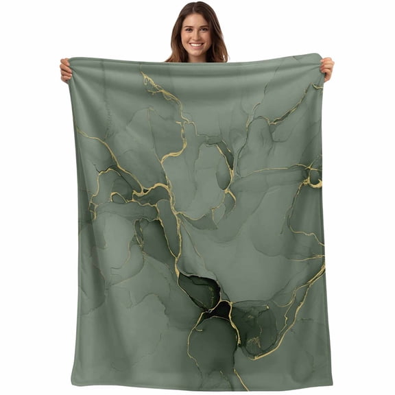Flannel Fleece Throw Blanket Abstract Modern Sage Green Marble Lightweight Soft Plush Blankets,Natural Texture Gold Stripe Cozy Warm Throw Blanket for Couch Sofa Bed Car Office 40x50in