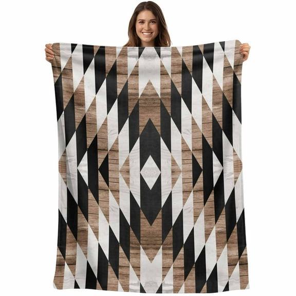 Flannel Fleece Throw Blanket Abstract Stripes Brown Ethnic Style Lightweight Soft Plush Blankets,Black Line Lattice Cozy Warm Throw Blanket for Couch Sofa Bed Car Office All Season Use 40x50in
