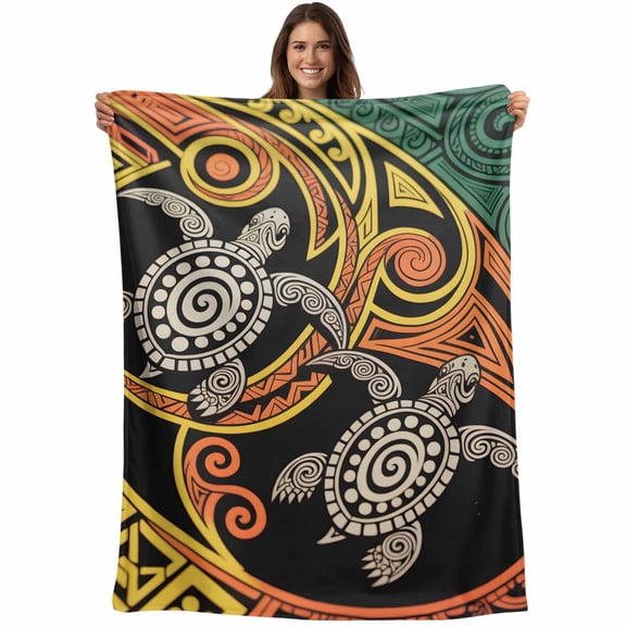 Flannel Fleece Throw Blanket Abstraction Marine Life Turtle Lightweight Soft Plush Blankets,Retro Polynesia Texture Cozy Warm Throw Blanket for Couch Sofa Bed Car Office 40x50in