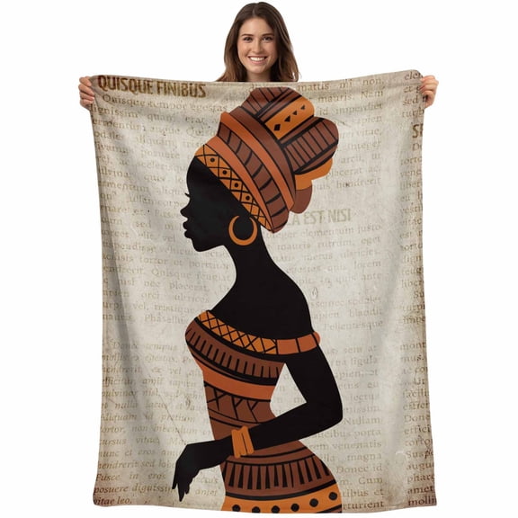 Flannel Fleece Throw Blanket African Black Women on Vintage Lightweight Soft Plush Blankets,Nation Geometric Pattern Cozy Warm Throw Blanket for Couch Sofa Bed Car Office 40x50in