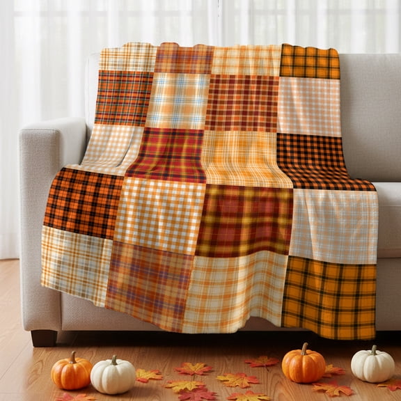 Flannel Fleece Throw Blanket Autumn Orange Plaid Lightweight Soft Plush Blankets 30x40in, Farm Gingham Check Country Style Cozy Warm Throw Blanket for Couch Sofa Bed Car Office