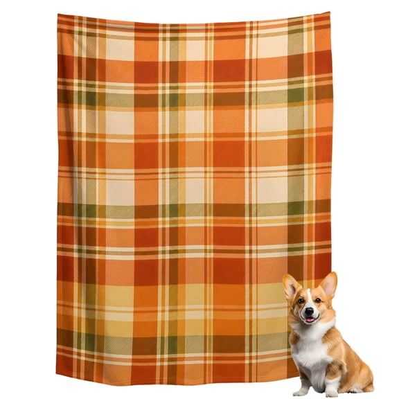 Flannel Fleece Throw Blanket Autumn Season Orange Plaid Lightweight Soft Plush Blankets 50x60in, Thanksgiving Theme Check Cozy Warm Throw Blanket for Couch Sofa Bed Car Office