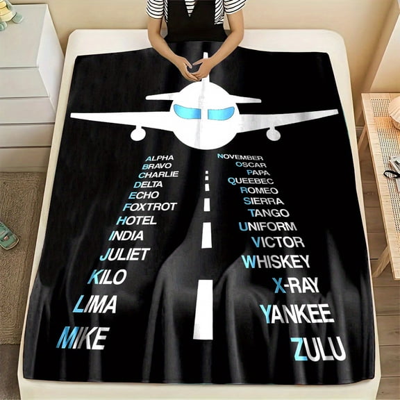 Flannel Fleece Throw Blanket - Aviation Alphabet Airplane Print, 100% Polyester Non-Woven Fabric, Contemporary Style, All-Season Reversible, Digital Printing