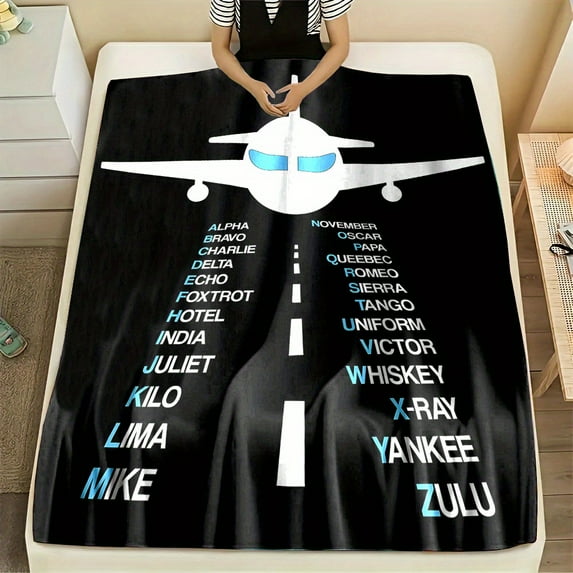 Flannel Fleece Throw Blanket - Aviation Alphabet Airplane Print, 100% Polyester Non-Woven Fabric, Contemporary Style, All-Season Reversible, Digital Printing