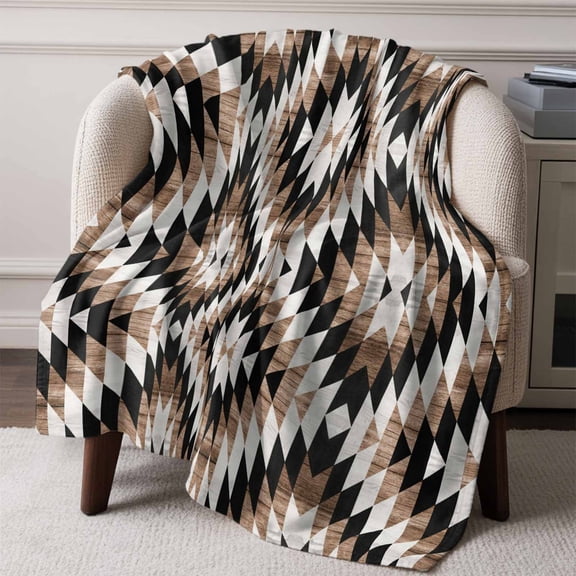 Flannel Fleece Throw Blanket Aztec Brown Ethnic Style Lightweight Soft Plush Blankets,Abstract Geometric Cozy Warm Throw Blanket for Couch Sofa Bed Car Office All Season Use 60x80in