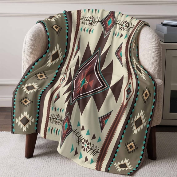 Flannel Fleece Throw Blanket Aztec Tribal Ethnic Style Lightweight Soft Plush Blankets,Retro Brown Geometric Cozy Warm Throw Blanket for Couch Sofa Bed Car Office All Season Use 60x80in