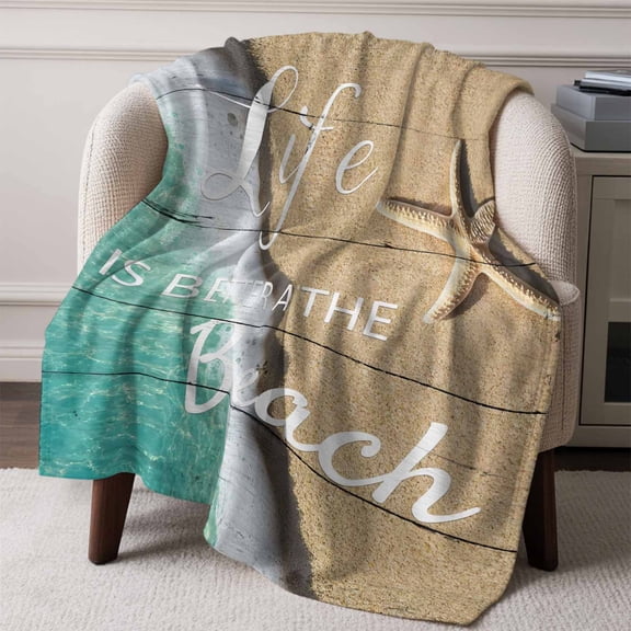 Flannel Fleece Throw Blanket Beach Life Seaside Starfish Sea Water Lightweight Soft Plush Blankets,Sand Coastal Nautical Theme Cozy Warm Throw Blanket for Couch Sofa Bed Car Office 50x60in
