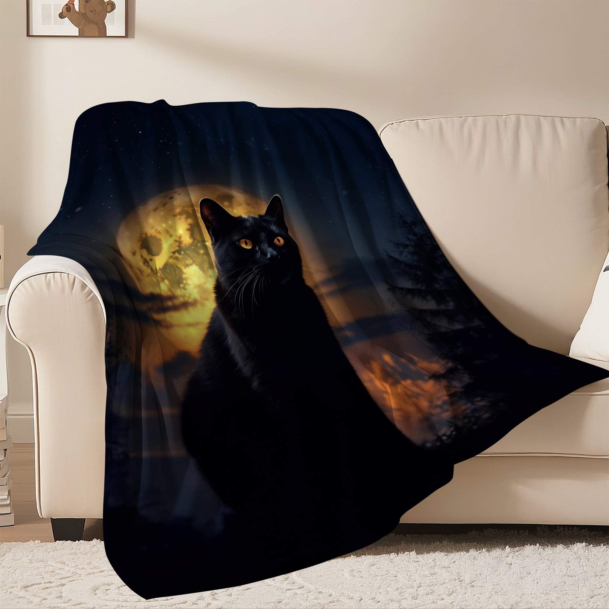 Flannel Fleece Throw Blanket Bed Blanket, Lightweight Cozy Plush Blanket for Sofa Couch, Black Cat 50"X60"