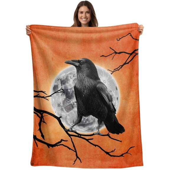 Flannel Fleece Throw Blanket Black Crow Halloween Dead Branch Lightweight Soft Plush Blankets,Night Moon Orange Gradient Cozy Warm Throw Blanket for Couch Sofa Bed Car Office All Season Use 40x50in