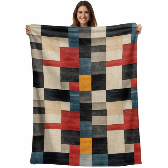 Flannel Fleece Throw Blanket Black Red Color Block Lightweight Soft Plush Blankets,Abstract Geometric Cozy Warm Throw Blanket for Couch Sofa Bed Car Office All Season Use 40x60in