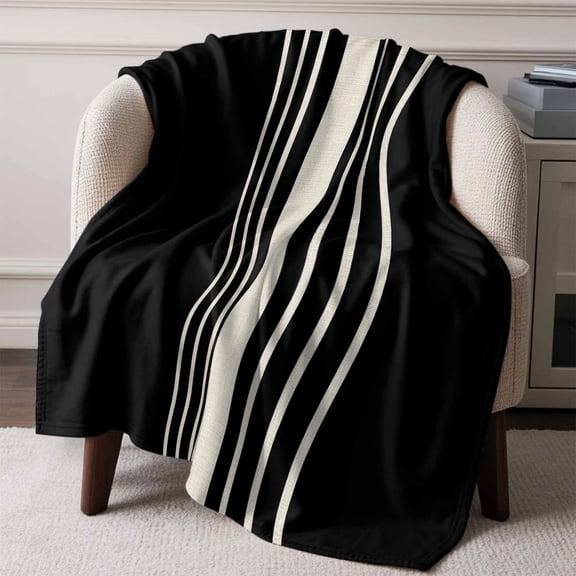 Flannel Fleece Throw Blanket Black Stripe Line Lightweight Soft Plush Blankets,Retro Linen Cozy Warm Throw Blanket for Couch Sofa Bed Car Office All Season Use 50x60in