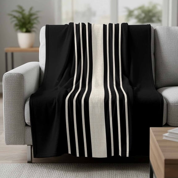 Flannel Fleece Throw Blanket, Black Stripe Line Soft Warm Fuzzy Cozy Blanket for Couch Bed Sofa Office, Retro Linen 50x60In
