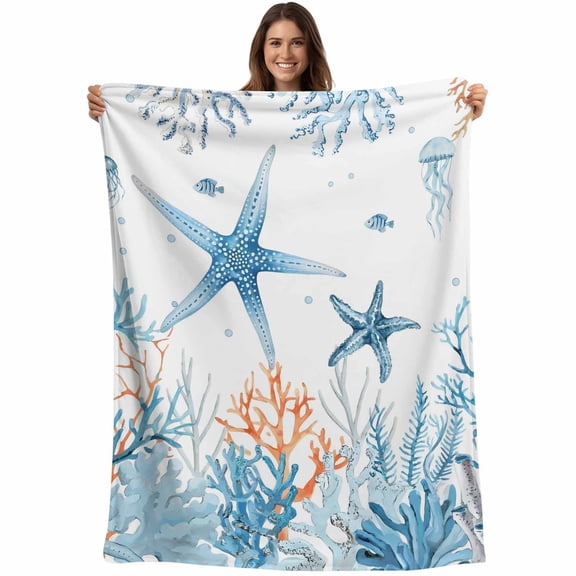 Flannel Fleece Throw Blanket Blue Coral Starfish Jellyfish on White Lightweight Soft Plush Blankets,Ocean Marine Life Cozy Warm Throw Blanket for Couch Sofa Bed Car Office 40x50in