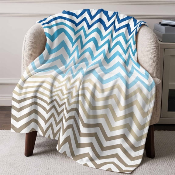 Flannel Fleece Throw Blanket Blue Gradient Ripple Zigzag Chevron Lightweight Soft Plush Blankets,Abstract Geometric Cozy Warm Throw Blanket for Couch Sofa Bed Car Office All Season Use 50x60in