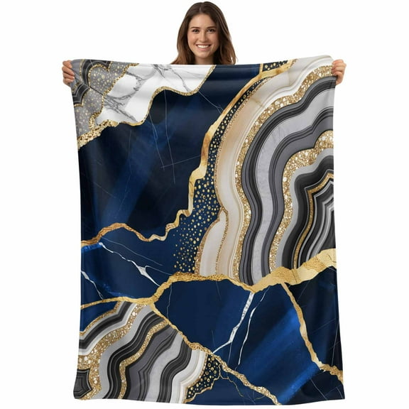 Flannel Fleece Throw Blanket Blue Grey Marble Texture Lightweight Soft Plush Blankets,Gold Foil Abstract Stripe Cozy Warm Throw Blanket for Couch Sofa Bed Car Office All Season Use 40x50in
