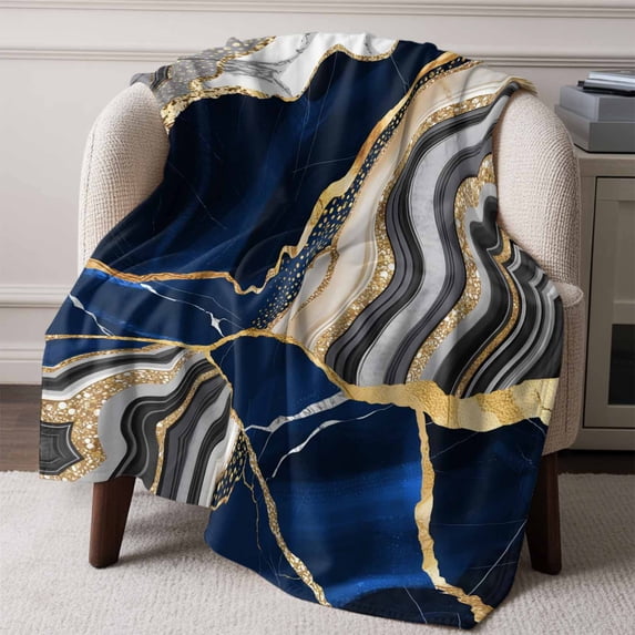 Flannel Fleece Throw Blanket Blue Grey Marble Texture Lightweight Soft Plush Blankets,Gold Foil Abstract Stripe Cozy Warm Throw Blanket for Couch Sofa Bed Car Office All Season Use 60x80in
