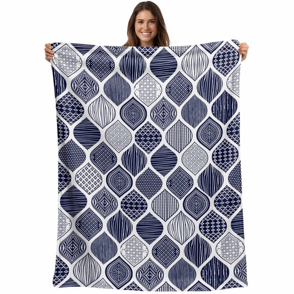 Flannel Fleece Throw Blanket Blue Moroccan Geometric Pattern Lightweight Soft Plush Blankets,Traditional Ethnic Style Cozy Warm Throw Blanket for Couch Sofa Bed Car Office 40x50in