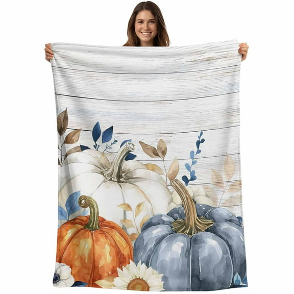 Flannel Fleece Throw Blanket Blue Pumpkin Fall Thanksgiving Flower Lightweight Soft Plush Blankets,Farm Wood Board Cozy Warm Throw Blanket for Couch Sofa Bed Car Office All Season Use 40x50in