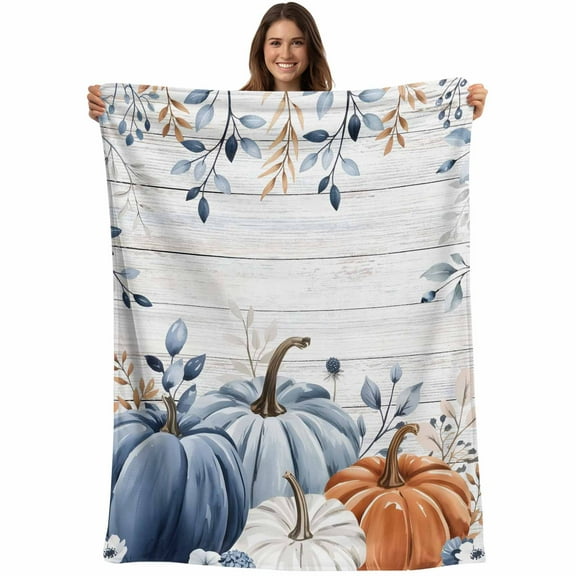 Flannel Fleece Throw Blanket Blue Pumpkin Thanksgiving Fall Leaves Lightweight Soft Plush Blankets,Farm Vintage Wood Board Cozy Warm Throw Blanket for Couch Sofa Bed Car Office All Season Use 40x50in