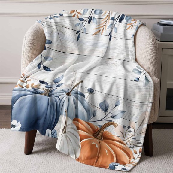 Flannel Fleece Throw Blanket Blue Pumpkin Thanksgiving Fall Leaves Lightweight Soft Plush Blankets,Farm Vintage Wood Board Cozy Warm Throw Blanket for Couch Sofa Bed Car Office All Season Use 60x80in
